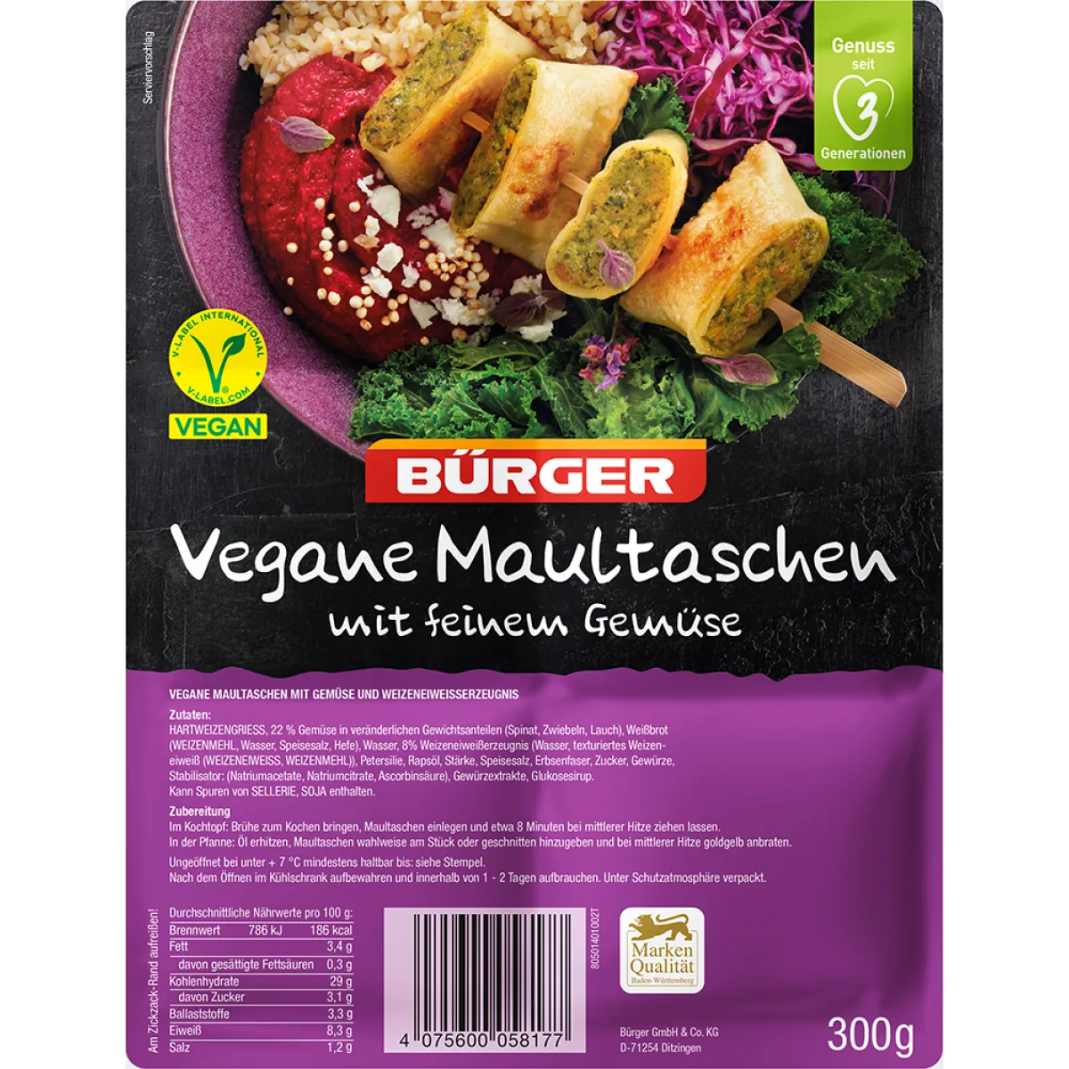 Bürger Vegane Maultaschen mit feinem Gemüse 300 g